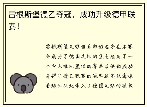 雷根斯堡德乙夺冠，成功升级德甲联赛！